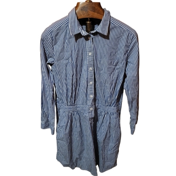 BANANA REPUBLIC Blue White Striped Button Up Shirt Dress Long Sleeve Size 14 - Picture 1 of 7